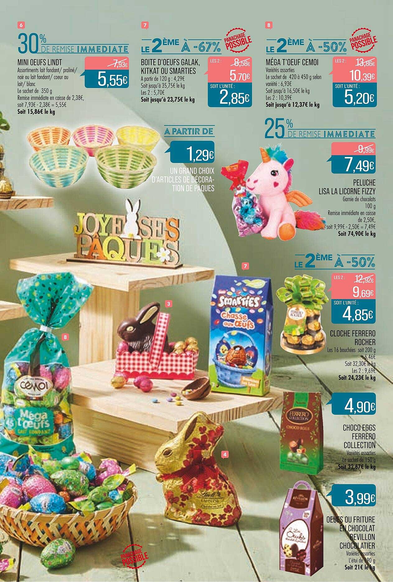 mini oeufs lindt, boîte d'oeufs galak, kitkat ou smarties, méga t'oeuf cémoi, peluche lisa la licorne fizzy, cloche ferrero rocher, choco eggs ferrero collection, oeufs de friture en chocolat revillon