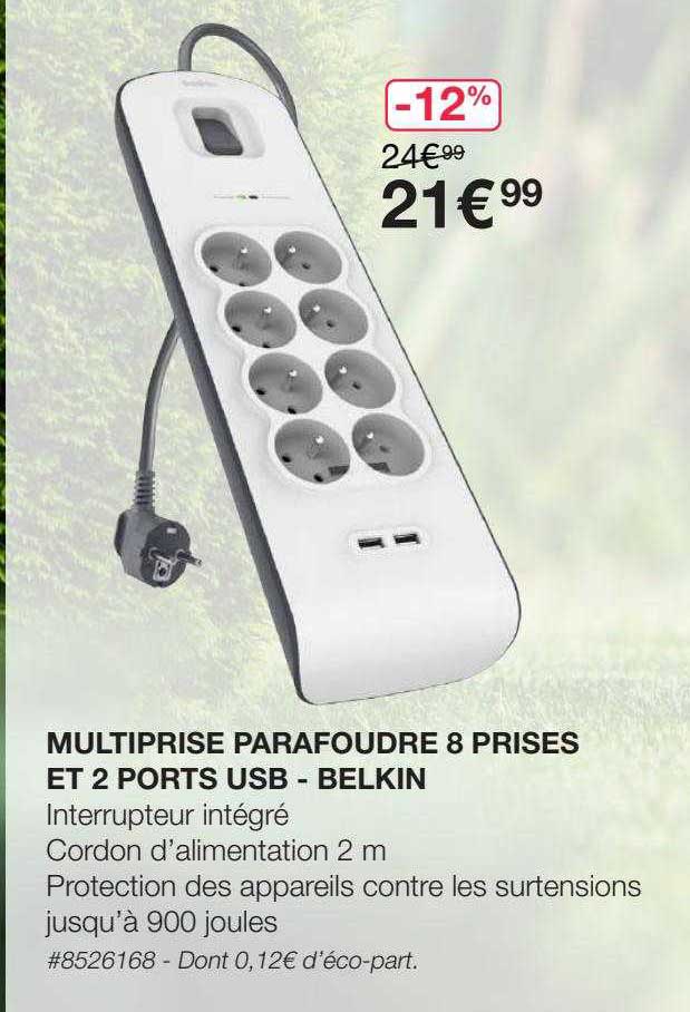 multiprise parafoudre 8 prises et 2 ports usb - belkin