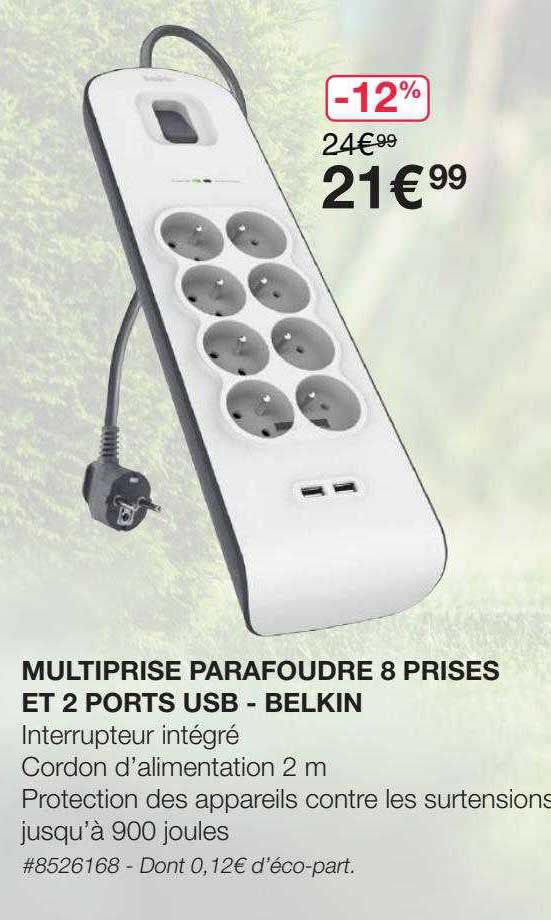 multiprise parafoudre 8 prises et 2 ports usb - belkin