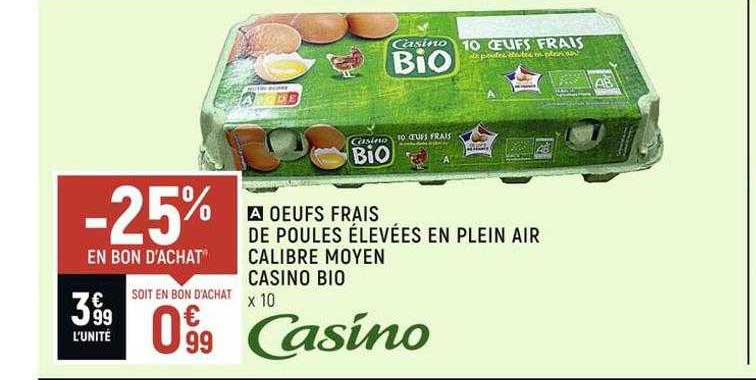 oeufs frais de poules élevées en plein air calibre moyen casino bio