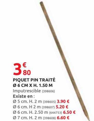 piquet pin traité ø 6 cm x h. 1.50 m
