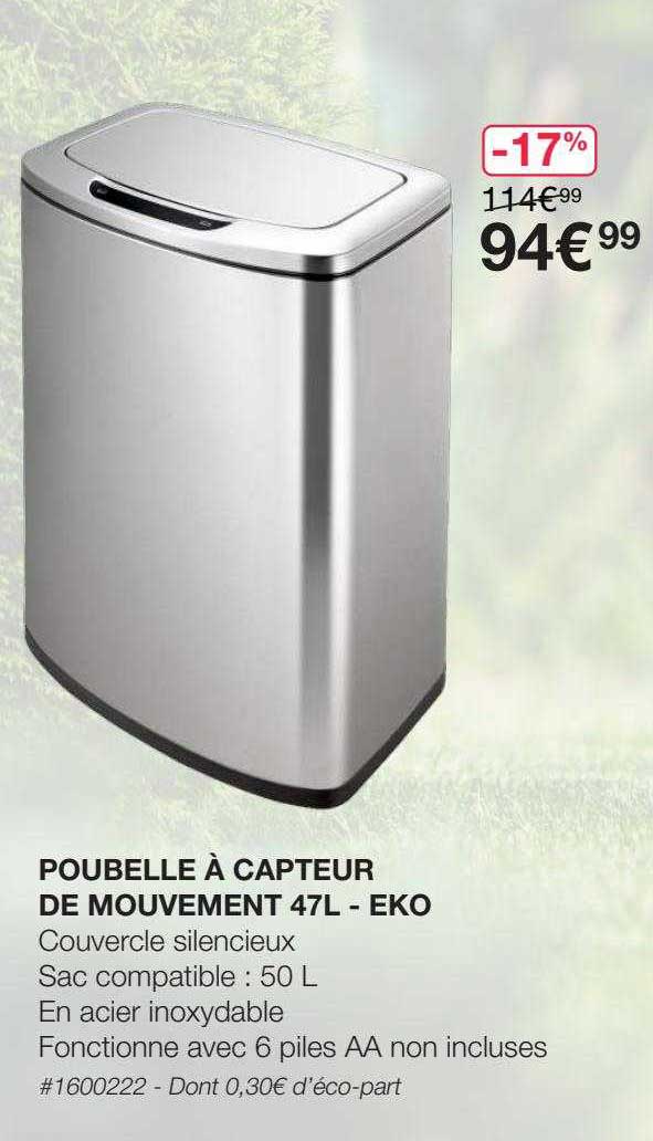 poubelle à capteur de mouvement 47l - eko