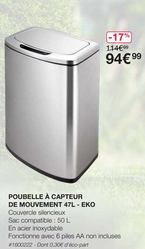 poubelle à capteur de mouvement 47l - eko