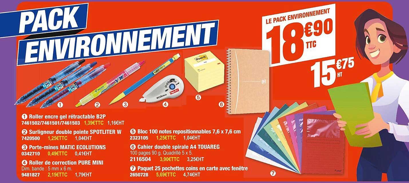 roller encre gel rétractable b2p, surligneur double pointe spotliter w, porte-mines matic ecolutions, roller de correction pure mini, bloc 100 notes repositionnables 7,6 x 7,6 cm, cahier double spiral