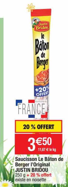 saucisson le bâton de berger l'original justin bridou