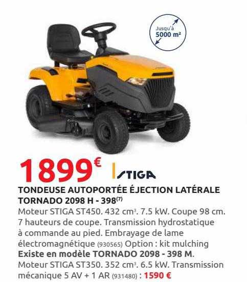 tondeuse autoportée éjection latérale tornado 2098 h - 398 stiga