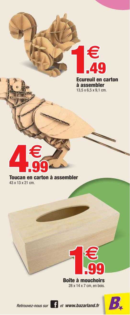 toucan en carton à assembler, boîte à mouchoirs, écureuil en carton à assembler