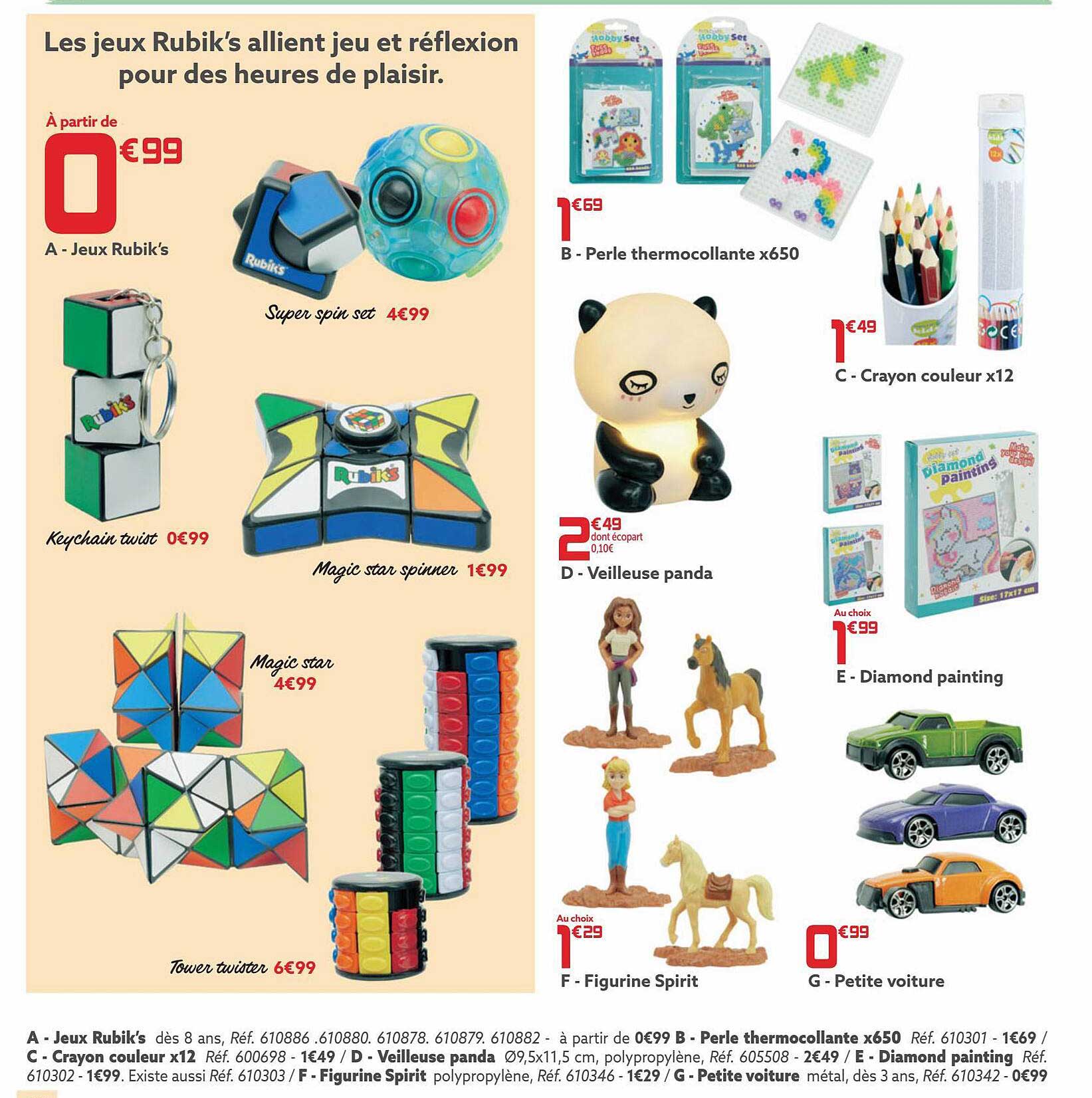 jeux rubik's, perle thermocollants x 650, crayon couleur x 12, veilleuse panda, diamond painting, figurine spirit, petite voiture