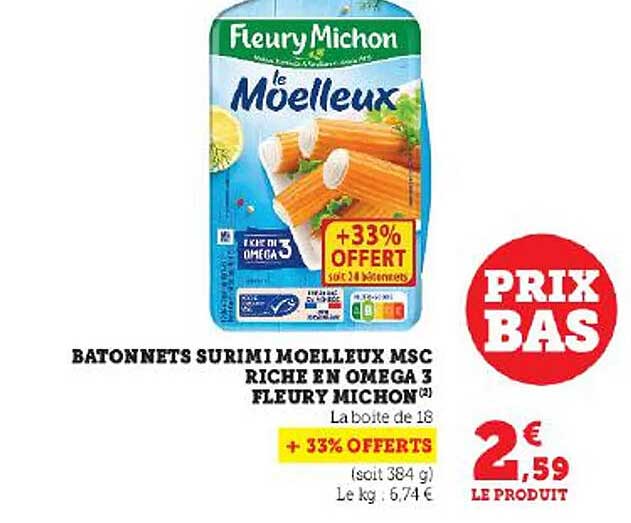 bâtonnets surimi moelleux msc riche en oméga 3 fleury michon