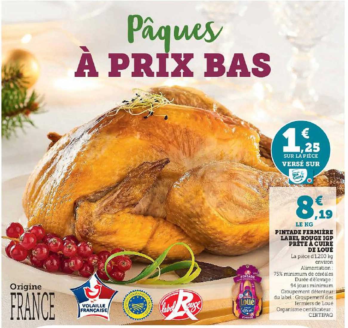 Pintade Fermière Label Rouge Igp Prête à Cuire De Loué