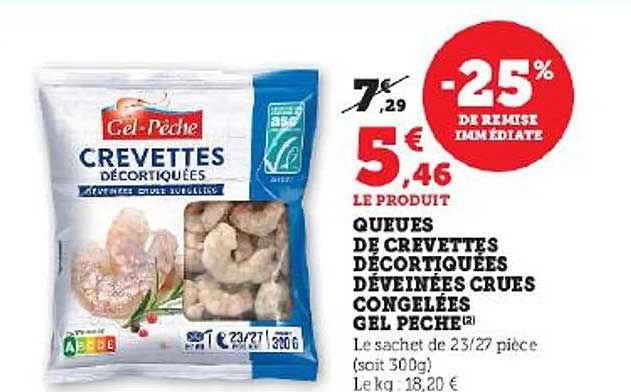 queues de crevettes décortiquées déveinées crues congelées gel pêche