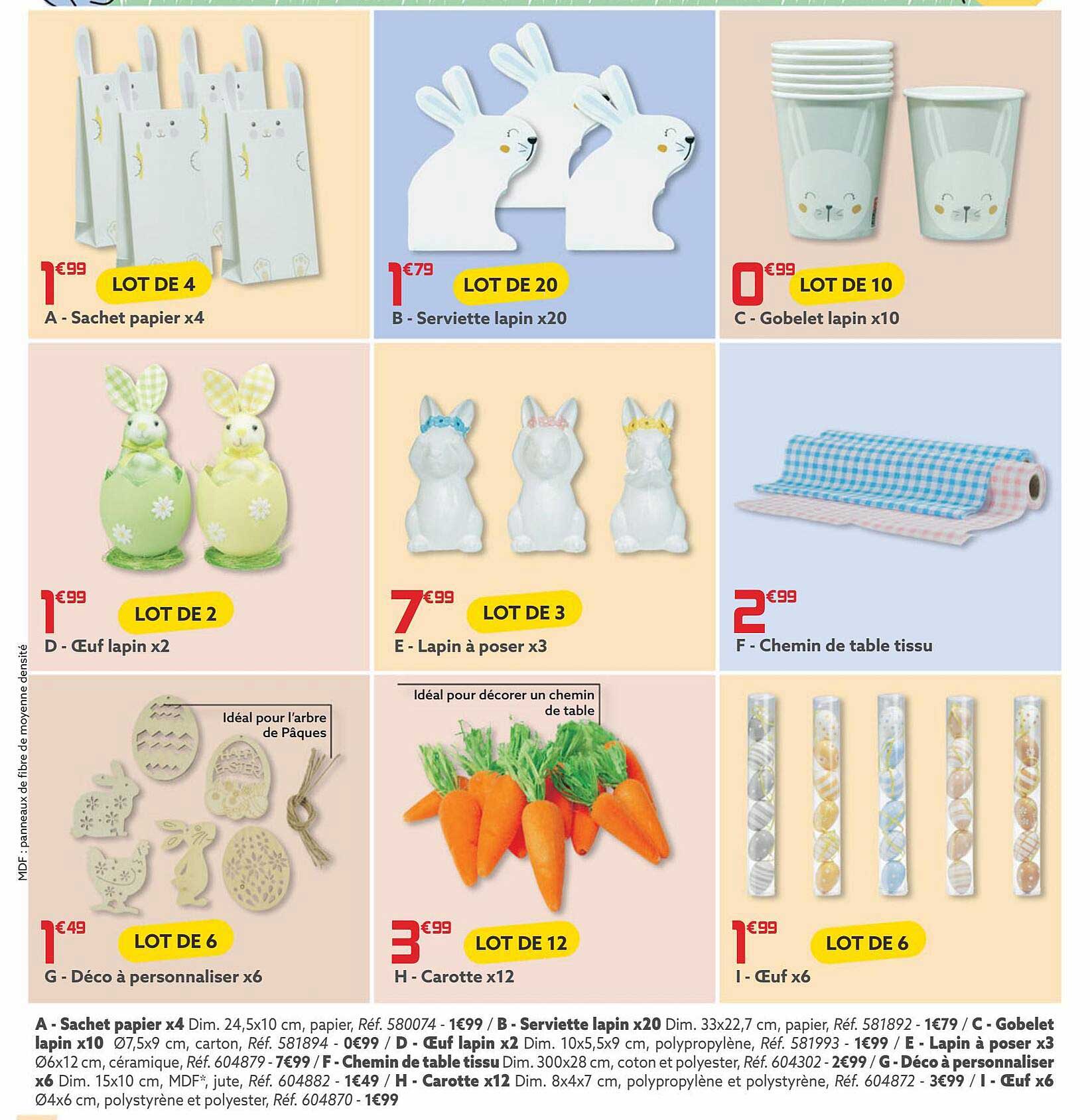 sachet papier x 4, serviette lapin x 20, gobelet lapin x 20, œuf lapin x 2, lapin à poser x 3, chemin de table tissu, déco à personnaliser x 6, carotte x 12, œuf x 6