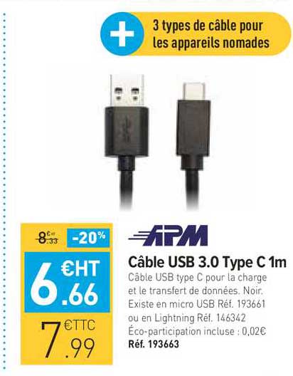 câble usb 3.0 type c 1m apm