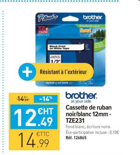cassette de ruban noir-blanc 12mm -tze231 brother