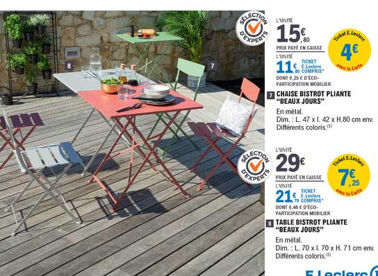 chaise bistrot pliante "beaux jours", table bistrot pliante "beaux jours"