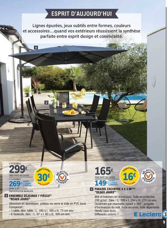 ensemble déjeuner 7 pièces "beaux jours", parasol excentré 4 x 3 m "beaux jours"