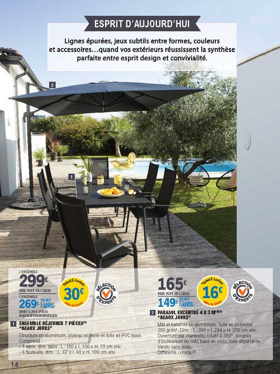 ensemble déjeuner 7 pièces "beaux jours", parasol excentré 4 x 3 m "beaux jours"