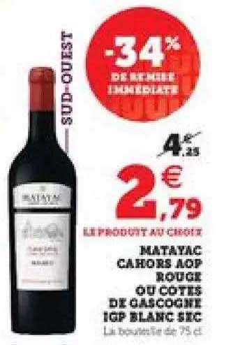 matayac cahors aop rouge ou côtes de cascogne igp blanc sec