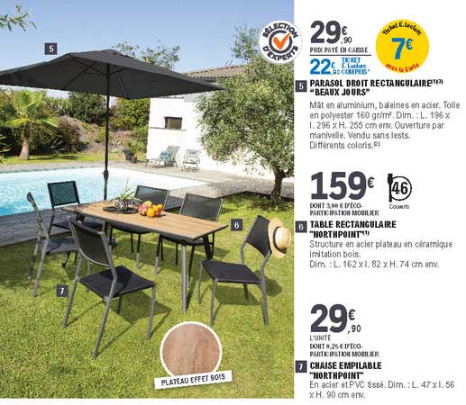 parasol droit rectangulaire "beaux jours", table rectangulaire "northpoint, chaise empilable "northpoint"