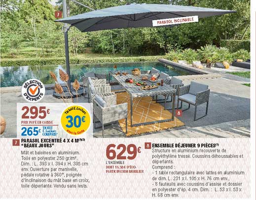 parasol excentré 4 x 4 m, ensemble déjeuner 9 pièces