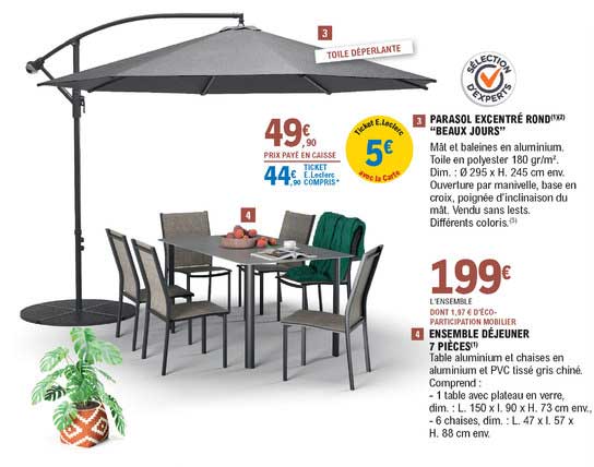 parasol excentré rond "beaux jours", ensemble déjeuner 7 pièces