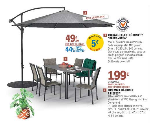 parasol excentré rond "beaux jours", ensemble déjeuner 7 pièces