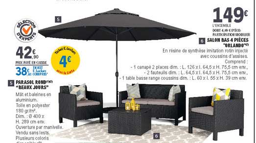 parasol rond "beaux jours", salon bas 4 pièces "orlando"