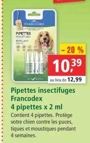 pipettes insectifuges francodex 4 pipettes x2 ml