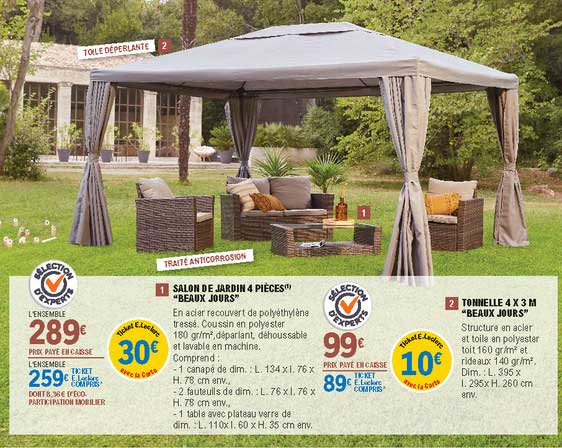 salon de jardin 4 pièces "beaux jours", tonnelle 4 x 3 m "beaux jours"