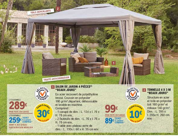 salon de jardin 4 pièces "beaux jours", tonnelle 4 x 3 m "beaux jours"