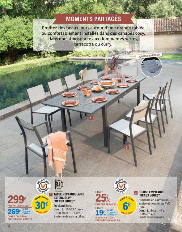 table rectangulaire extensible "beau jours", chaise empilable "beaux jours"