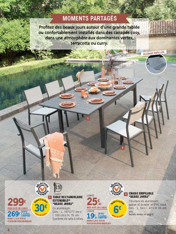 table rectangulaire extensible "beaux jours", chaise empilable "beaux jours"