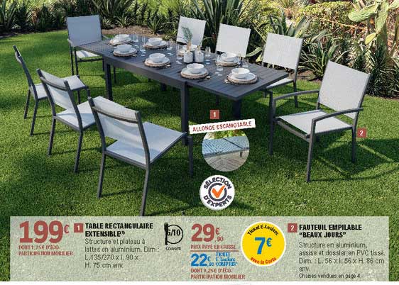 Table Rectangulaire Extensible, Fauteuil Empilable "beaux Jours"