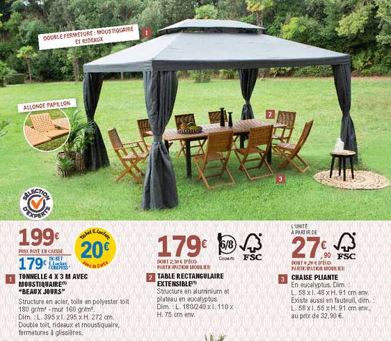 tonnelle 4 x 3 m avec moustiquaire "beaux jours", table rectangulaire extensible, chaise pliante