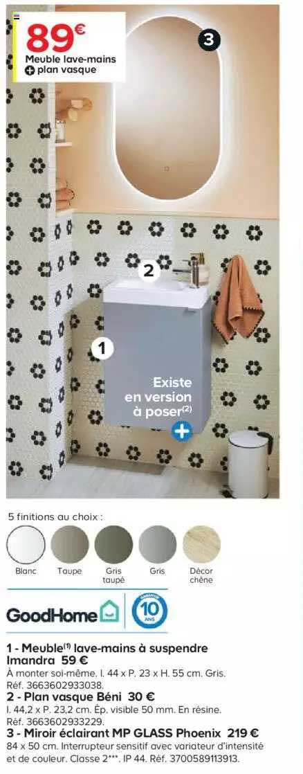 meuble lave-mains à suspendre imandra, plan vasque béni, miroir éclairant mp glass phoenix