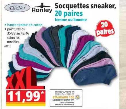 socquettes sneaker, 20 paires femme ou homme elleNor, Ronley