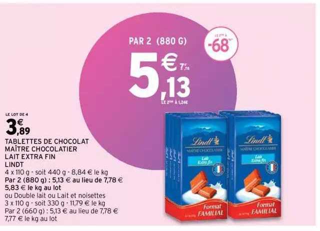 tablettes de chocolat maître chocolatier lait extra fin lindt