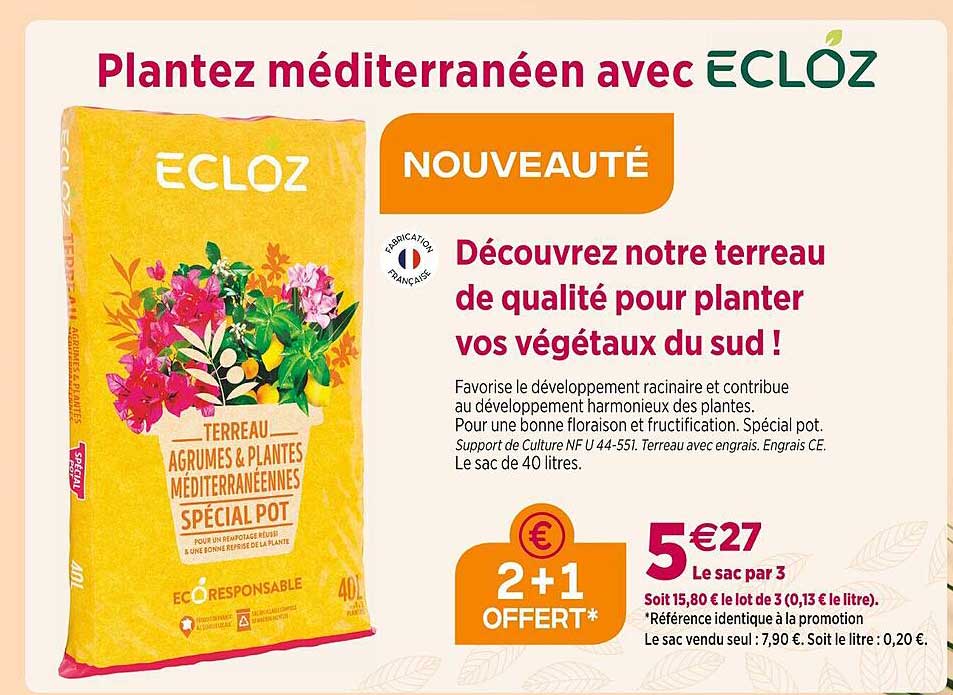 terreau agrumes & plantes méditerranéennes spécial pot ecloz