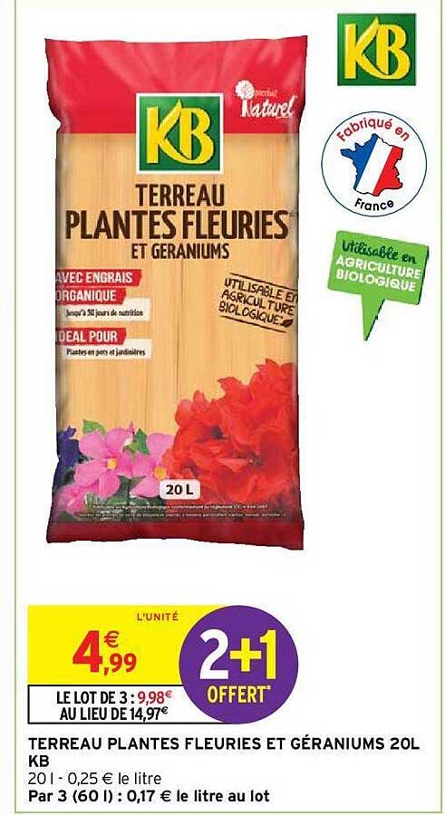 terreau plantes fleuries et géraniums 20 l kb