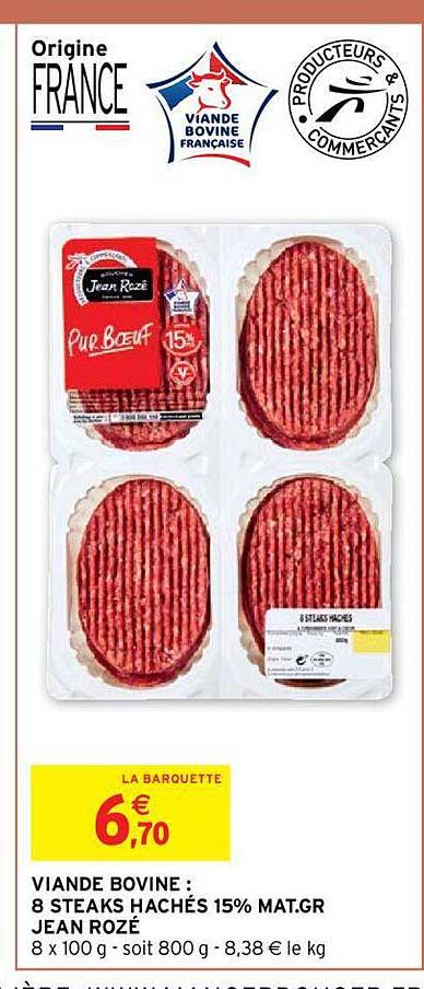 viande bovine : 8 steaks hachés 15% mat. gr. jean rozé