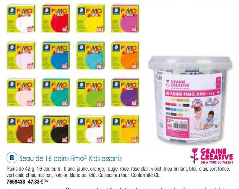 seau de 16 pains fimo kids assortis graine créative