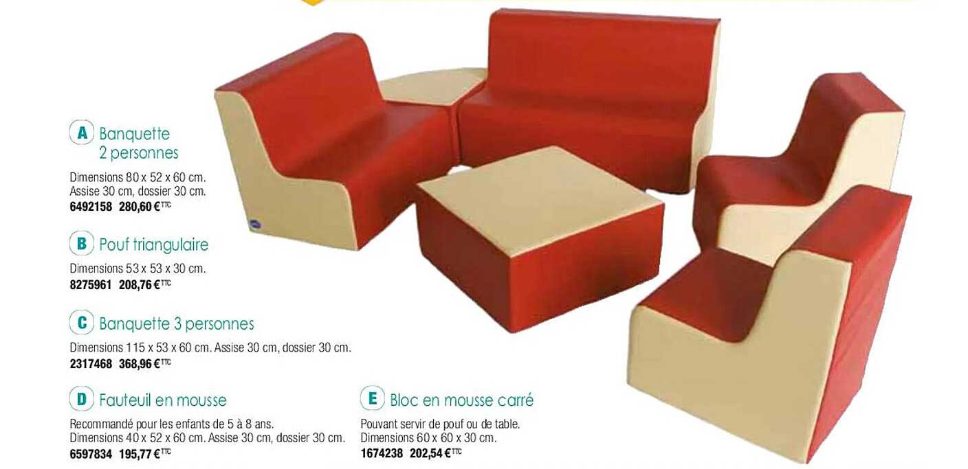 banquette 2 personnes, pouf triangulaire, banquette 3 personnes, fauteuil en mousse, bloc en mousse carré