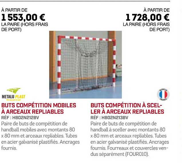 buts compétition mobiles à arceaux repliables, buts compétition à sceller à arceaux repliables metalu plast