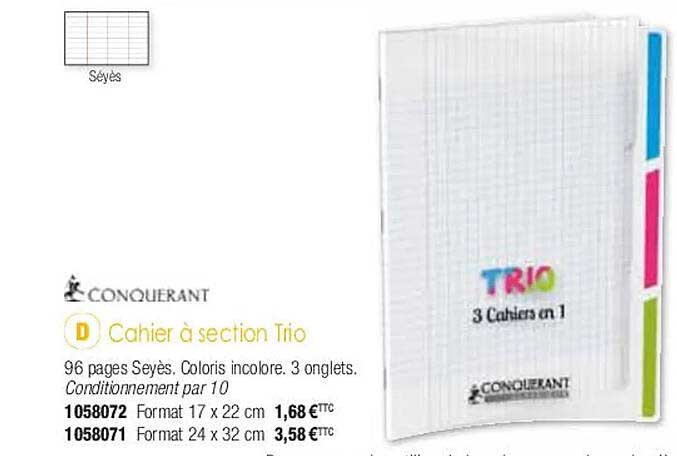 cahier à section trio conquerant