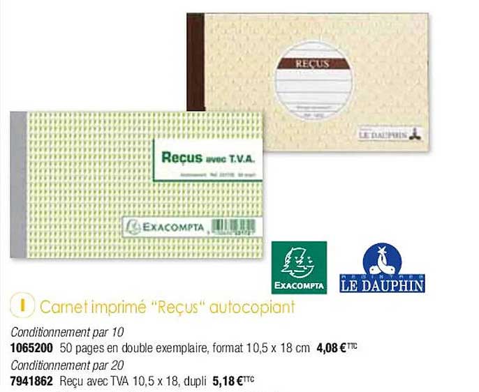 carnet imprimé "reçus" autocopiant exacompta le dauphin