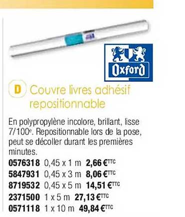 couvre livres adhésif repositionnable oxford