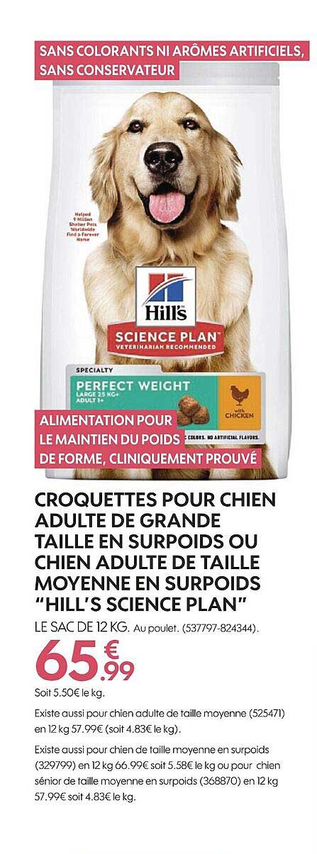croquettes pour chien adulte de grande taille ou de taille moyenne en surpoids hill's science plan