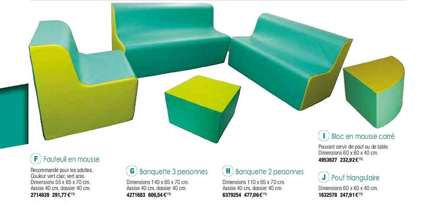 fauteuil en mousse, banquette 3 personnes, banquette 2 personnes, bloc en mousse carré, pouf triangulaire