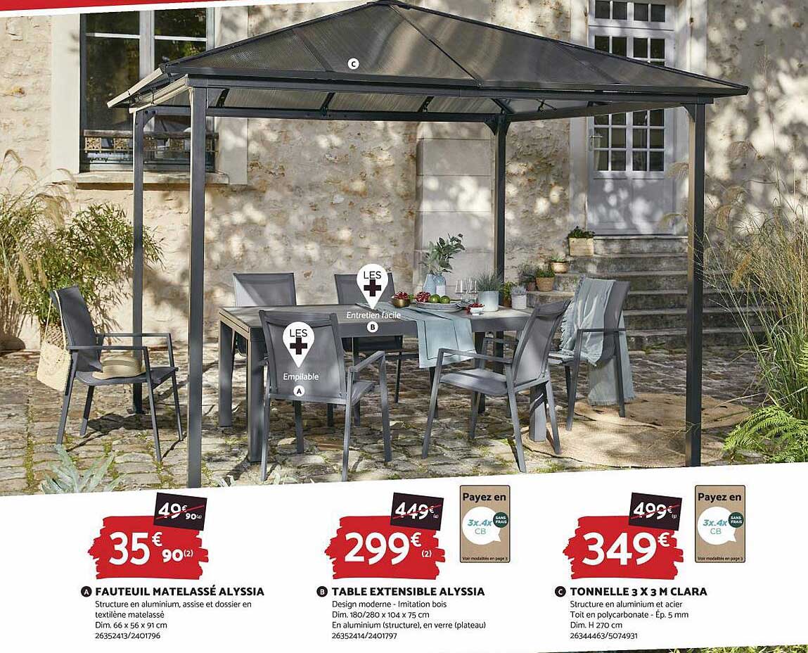 Fauteuil Matelassé Alyssia, Table Extensible Alyssia, Tonnelle 3 X 3 M Clara