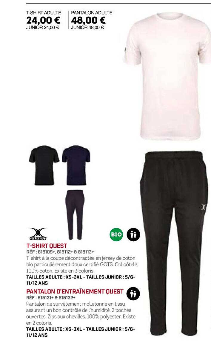 gilbert t-shirt quest ou pantalon d'entraînement quest